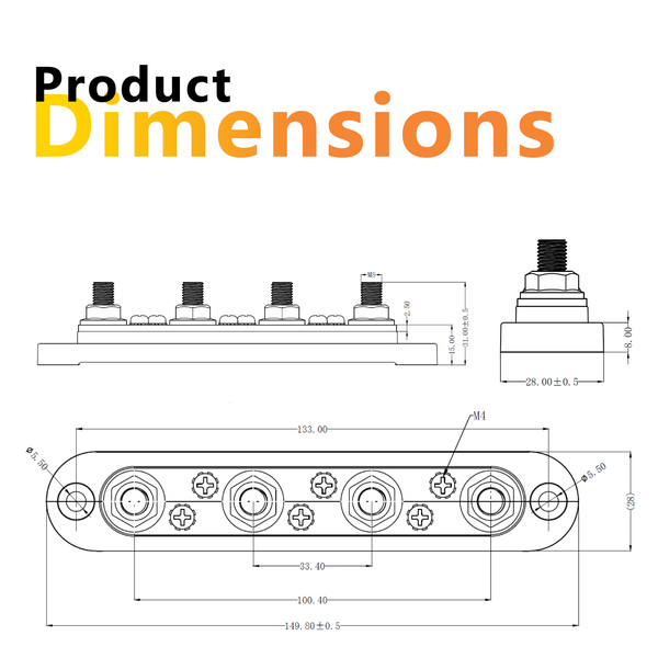 Technical dimensional drawing of the busbar showing length, width and mounting hole spacing