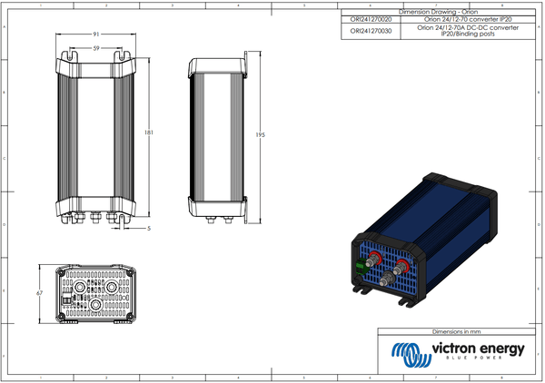 Dimensional line drawing for Victron Orion 24/12-70 showing measurements in millimetres
