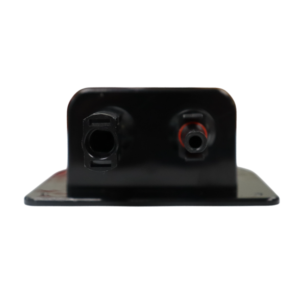 Close-up of two solar cable connector ports on the housing front