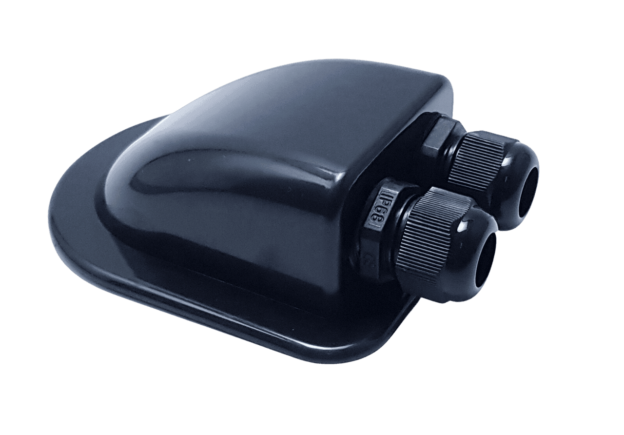 Black aerodynamic ABS cable entry housing featuring two compression glands with IP68 ratings