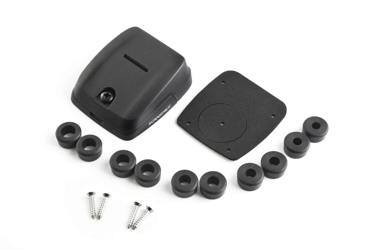 Component breakdown including multiple rubber bungs, mounting plate, gasket, and screws