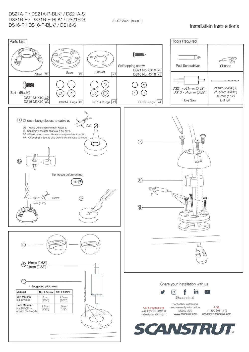 Official installation instructions for Scanstrut DS21 and DS16 series cable seals