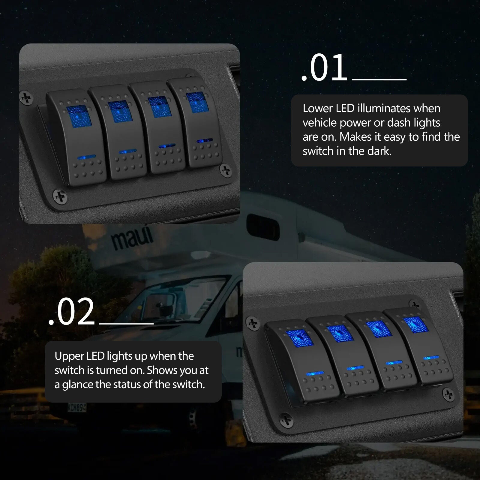 Switch Panel 4x Exotronic 12/24V 4x LED Rocker Marine Switch Panel | Exo-PW-MSP-4-L