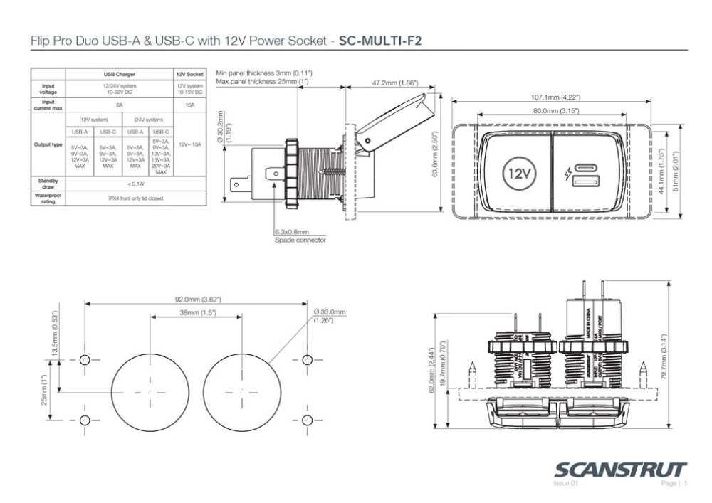 Dimensional drawing showing mounting cutout sizes and exterior product measurements