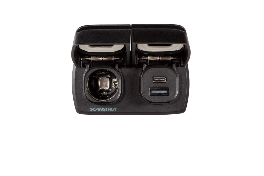 Direct front view showing the 12V accessory socket and dual USB charging ports