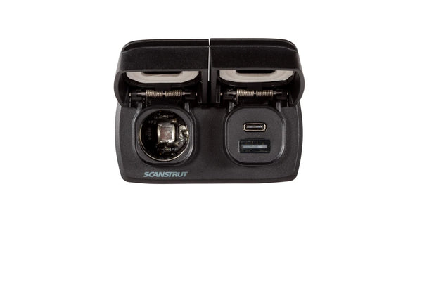 Direct front view showing the 12V accessory socket and dual USB charging ports