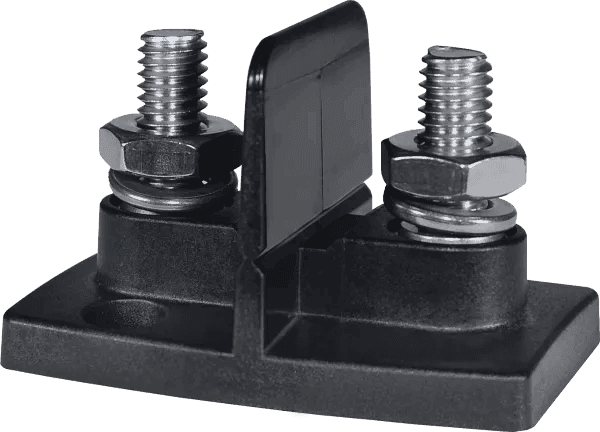 Dual 5/16 inch stud power connector with central insulating barrier and black mounting base