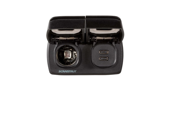 Front view of open Flip Pro Multi charging socket and 12V power outlet