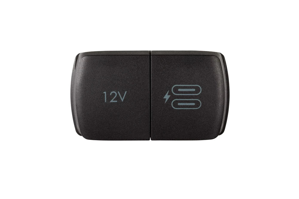 Minimalist front view of the dual USB-C and 12V socket with closed lids