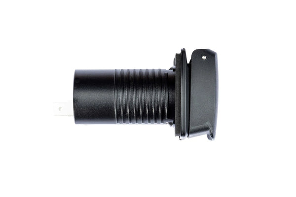 Side view of USB-C socket showing threaded mounting body and spade terminals