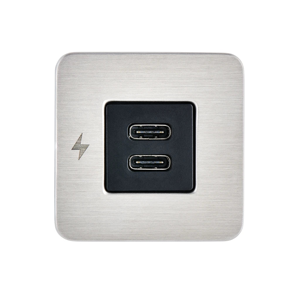 Direct front view of the brushed stainless TILE dual USB-C socket