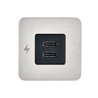 Direct front view of the brushed stainless TILE dual USB-C socket