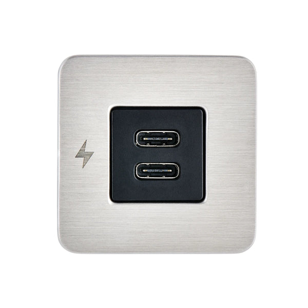 Direct front view of the brushed stainless TILE dual USB-C socket