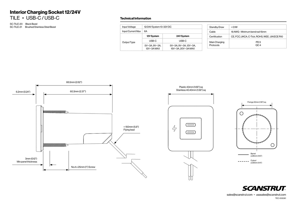 Technical drawings and detailed specifications for the TILE dual USB-C charging socket
