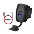 Black dual USB rocker switch socket with wiring harness and inline fuse
