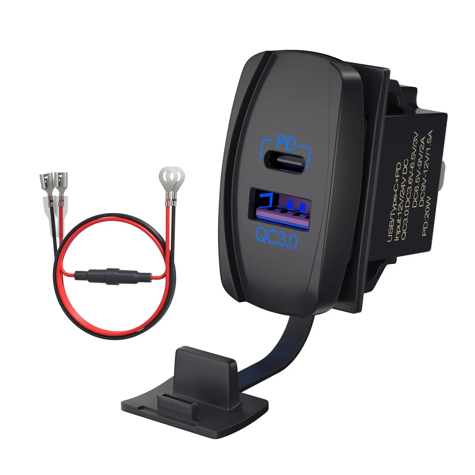 Black dual USB rocker switch socket with wiring harness and inline fuse