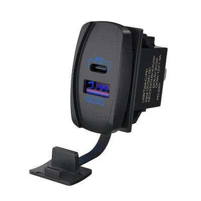 Black dual USB rocker switch socket with wiring harness and inline fuse