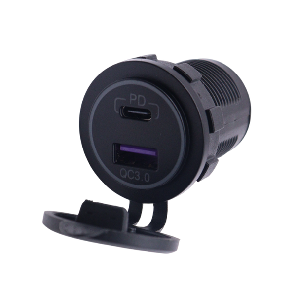Front view of black dual USB socket with open cap showing USB-C PD and USB-A QC3.0 ports