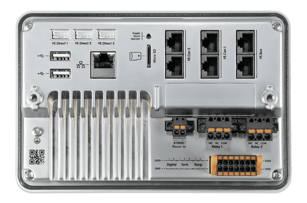 Rear interface of Ekrano GX showing VE.Direct, USB, Ethernet, Canbus and power terminals