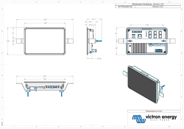 Technical dimension drawing of Ekrano GX with height, width and depth measurements