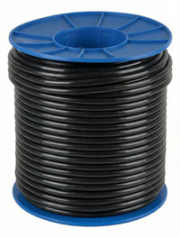100m roll of Electra Cables 2.5mm² 2 Core + Earth black flexible mains cable on a blue plastic spool