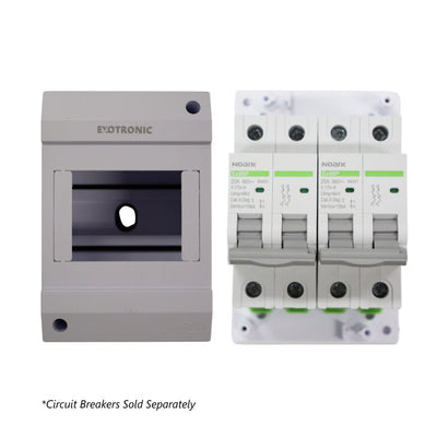 Front view of empty enclosure compared to one populated with four example circuit breakers