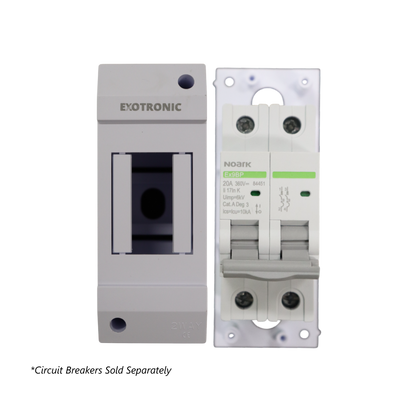 Exotronic 2-way enclosure displayed next to a compatible Noark 2-pole circuit breaker for size comparison