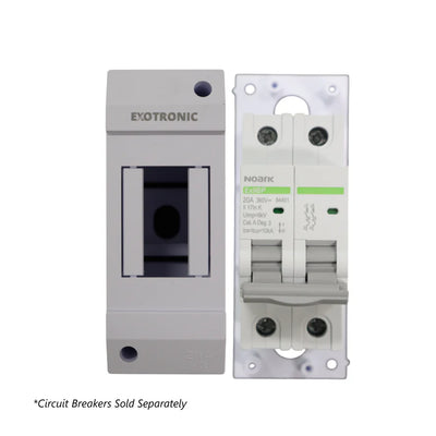 Exotronic 2-way enclosure displayed next to a compatible Noark 2-pole circuit breaker for size comparison