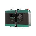 Front view of Enerdrive 12V 100Ah B-TEC Ultra lithium battery with green IP67 casing and mounting strap