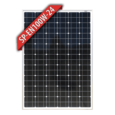 Front view of Enerdrive 24V 100W monocrystalline fixed solar panel with black frame and protective glass