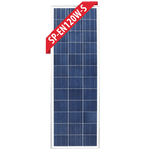 Front view of 120W polycrystalline solar panel with silver frame and blue cells