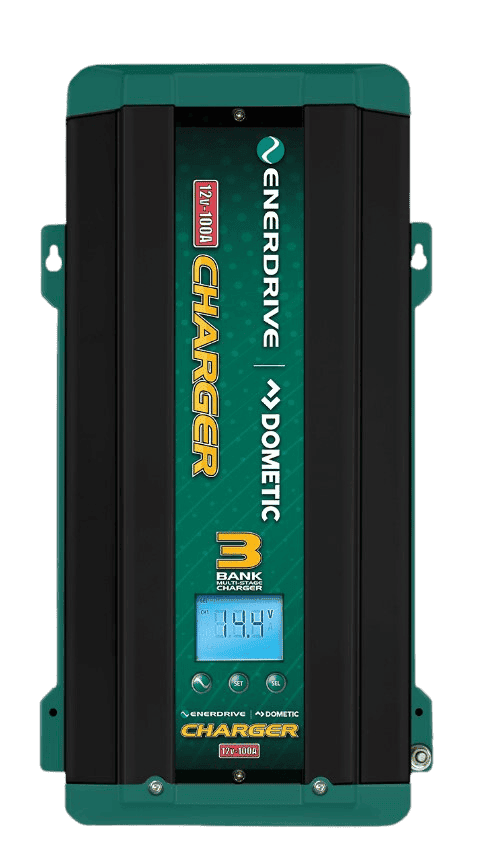 Front view of Enerdrive 12V 100A multi-bank battery charger showing digital display and status indicators
