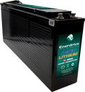 Angled view of black 12V 100Ah slim lithium battery with ribbed casing and top terminals