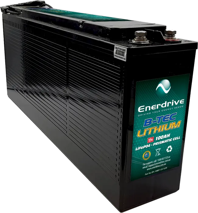 Angled view of black 12V 100Ah slim lithium battery with ribbed casing and top terminals