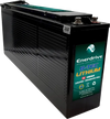 Angled view of black 12V 100Ah slim lithium battery with ribbed casing and top terminals