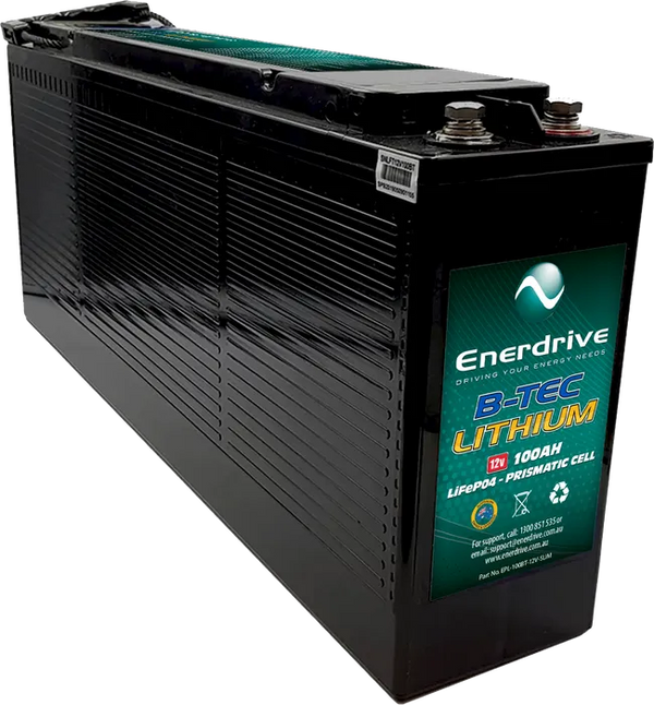 Angled view of black 12V 100Ah slim lithium battery with ribbed casing and top terminals