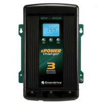 Front view of Enerdrive 12V 20A multi-bank battery charger with LCD display