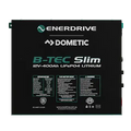 Front view of black 12V 400Ah slimline lithium battery with detailed specification and warning labels