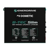 Front view of black 12V 400Ah slimline lithium battery with detailed specification and warning labels