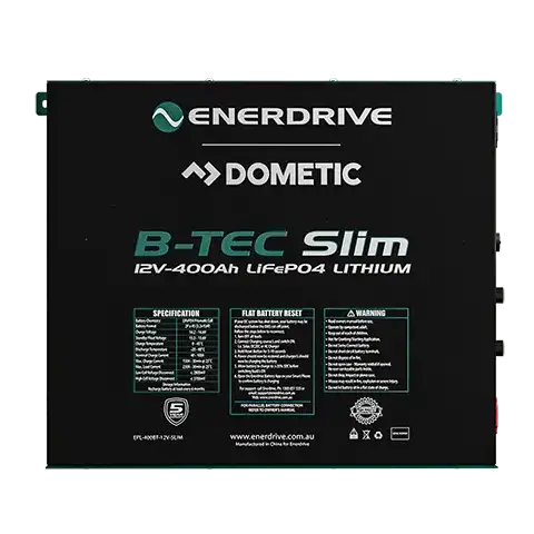 Front view of black 12V 400Ah slimline lithium battery with detailed specification and warning labels
