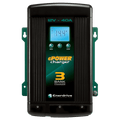 Front view of 12V 40A battery charger showing LCD screen, control buttons and cooling fins
