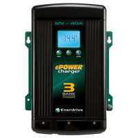 Front view of 12V 40A battery charger showing LCD screen, control buttons and cooling fins