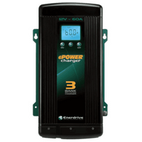 Front view of 12V 60A battery charger showing LCD display and mounting points