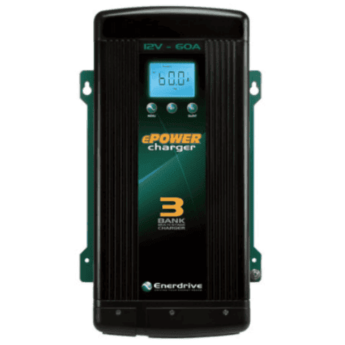 Front view of 12V 60A battery charger showing LCD display and mounting points