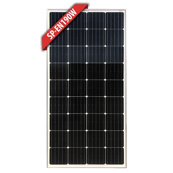 Front view of 190W fixed monocrystalline solar panel showing cell grid and silver frame