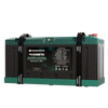Front angle of Enerdrive 200Ah lithium battery in mounting tray with straps