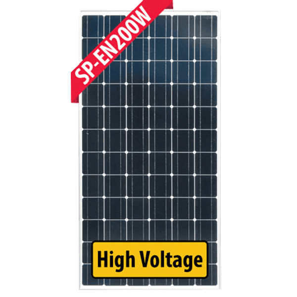 Front view of Enerdrive 200W 24V monocrystalline fixed solar panel with silver frame and high voltage label