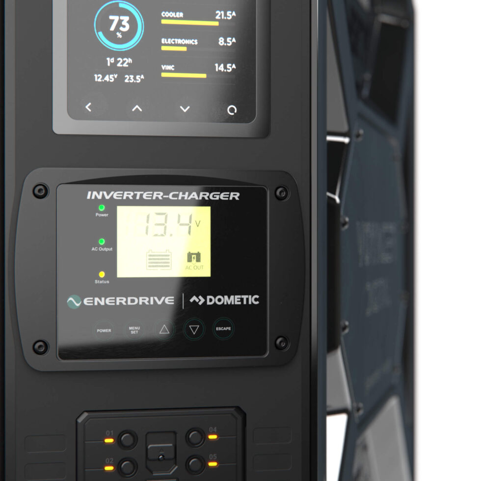 Close-up of the Enerdrive 3000W inverter-charger remote display screen