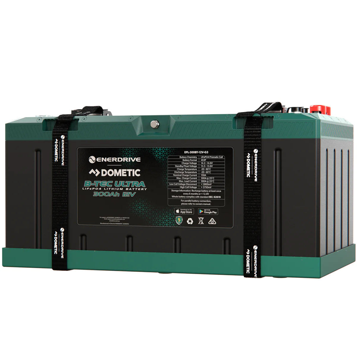 Enerdrive B-TEC Ultra 300Ah 12V IP67 waterproof lithium battery with mounting straps