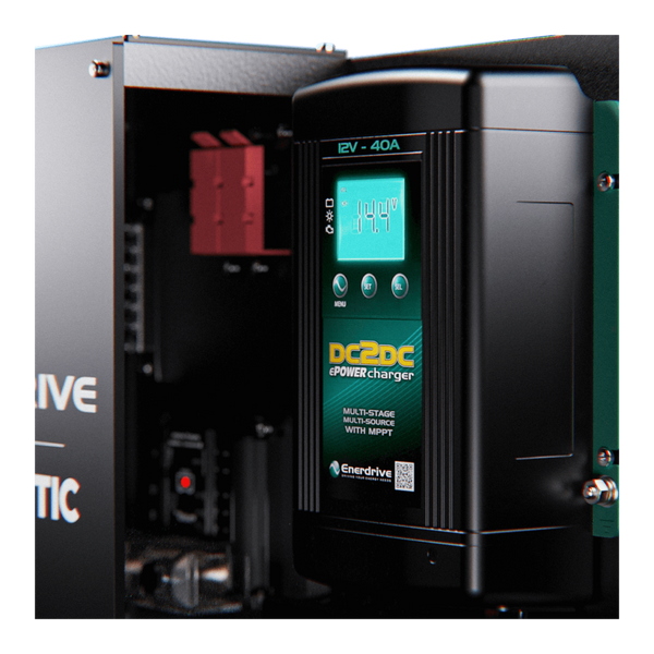 Close-up of Enerdrive 12V 40A DC2DC battery charger with digital voltage display